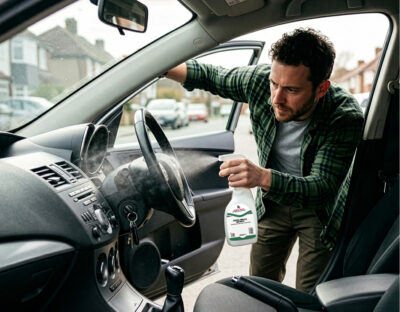 Man freshening vehicle interiors fast with Odourkill Berry